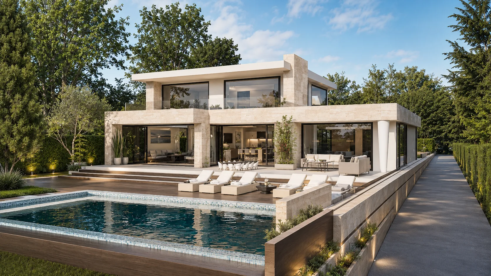 Cascade rendering: two-story flat-roof house with warm stone-toned walls, full-height glazing and a pool terrace