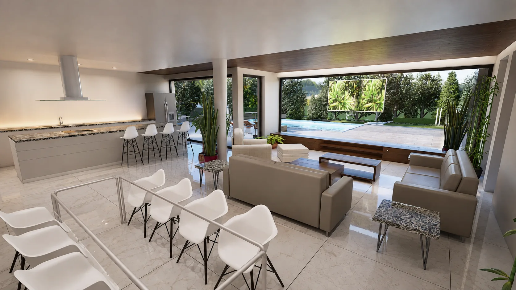 Cascade rendering: open-plan kitchen, island and dining area looking out to the pool through a sliding glass wall