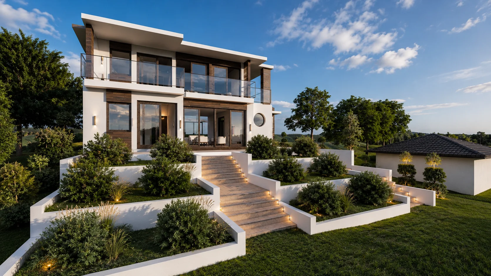 Collina rendering: two-story modern house above a terraced garden — flat roof with deep overhangs, white render, timber cladding and glass balconies
