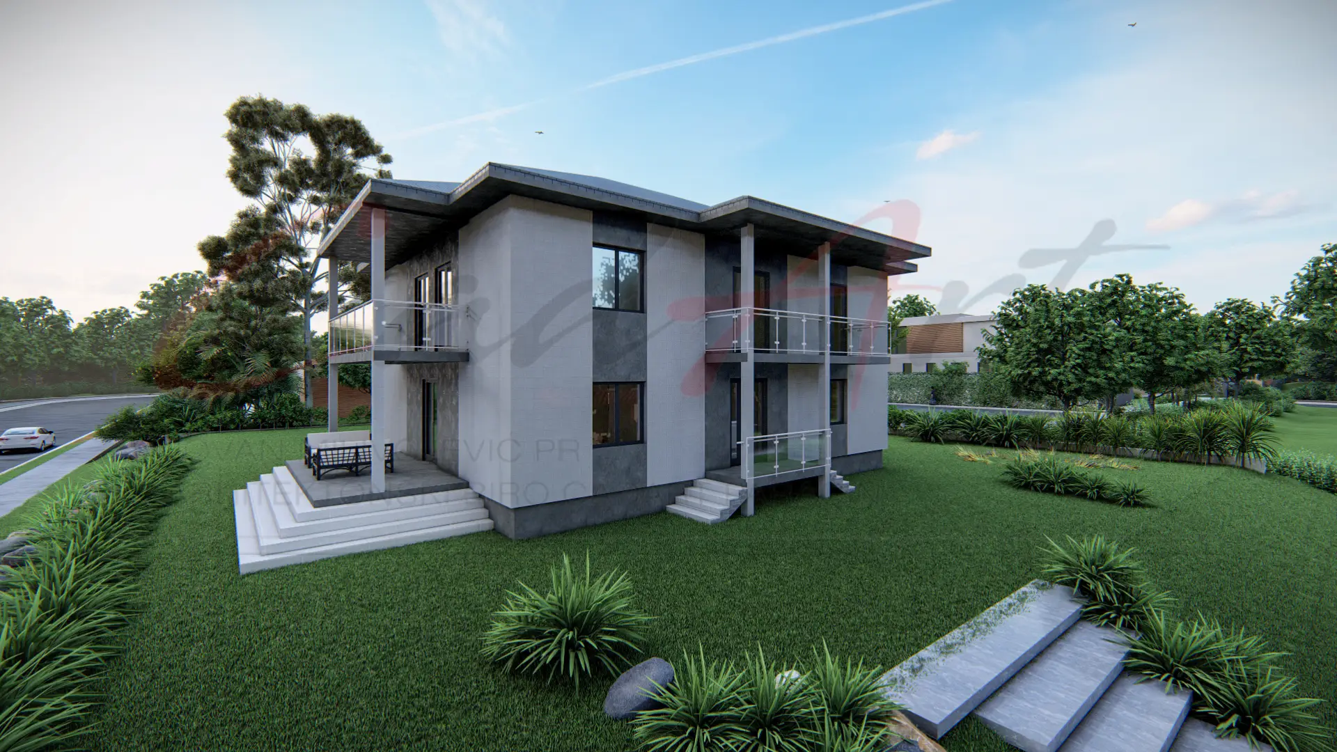 Elise rendering: two-story modern house — light gray cladding, glass-balustrade balconies, terrace steps and low hipped roofs; CAD ART studio letterhead as a faint watermark across the image.