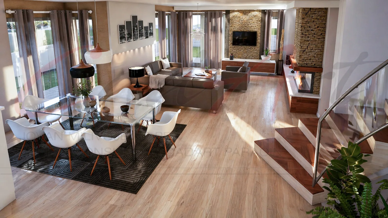 Horizon rendering: living and dining area of the Horizon villa with a stone-clad fireplace wall; CAD ART studio letterhead as a faint watermark across the image.