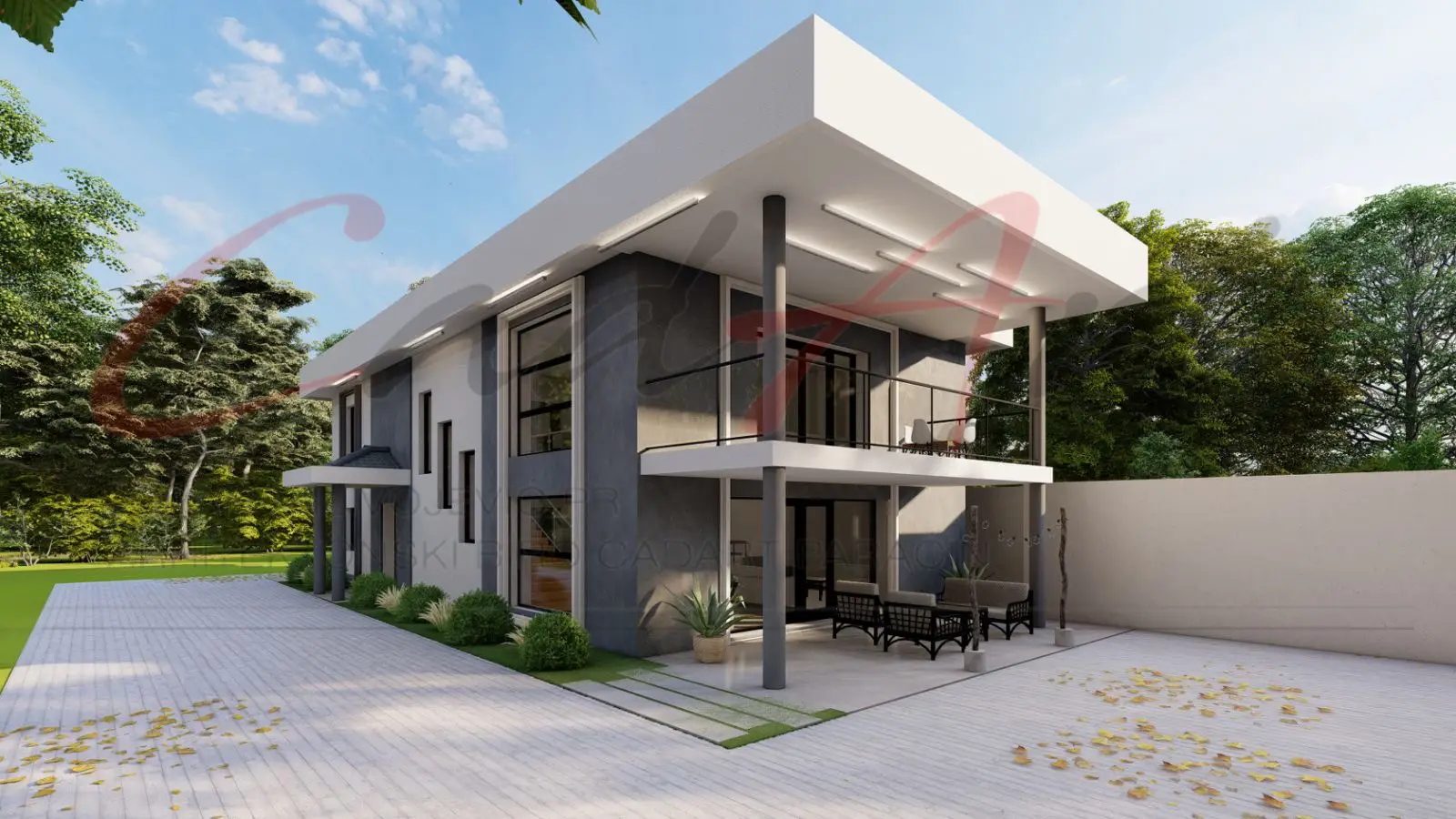 Loggia rendering: two-story flat-roof modern house with a deep roof overhang on slender columns, a glass-railed upper terrace and a covered patio below; CAD ART studio letterhead as a faint watermark across the image.