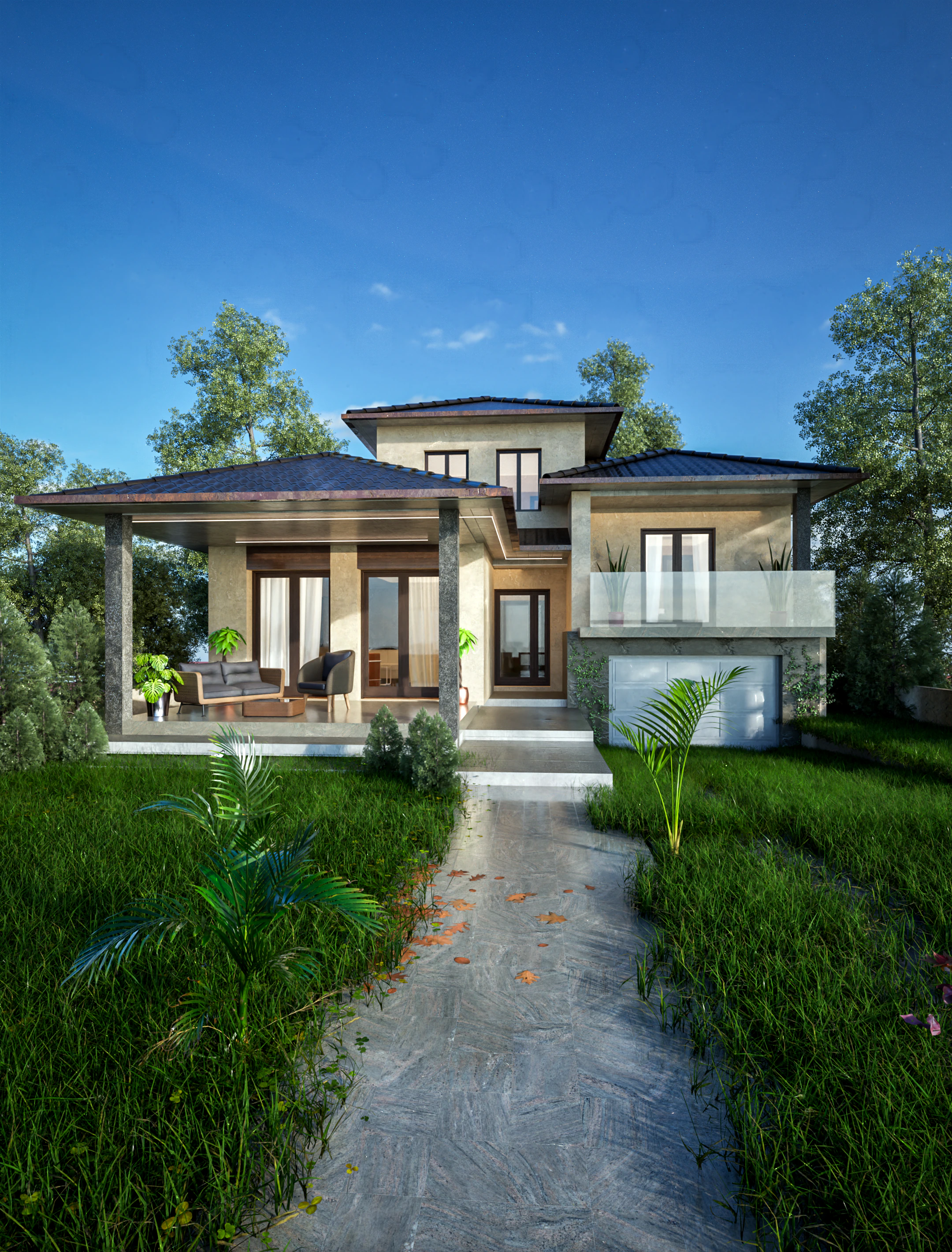 Natura rendering: contemporary two-story family house with hipped roofs, a deep covered loggia and a garage at the lower level.
