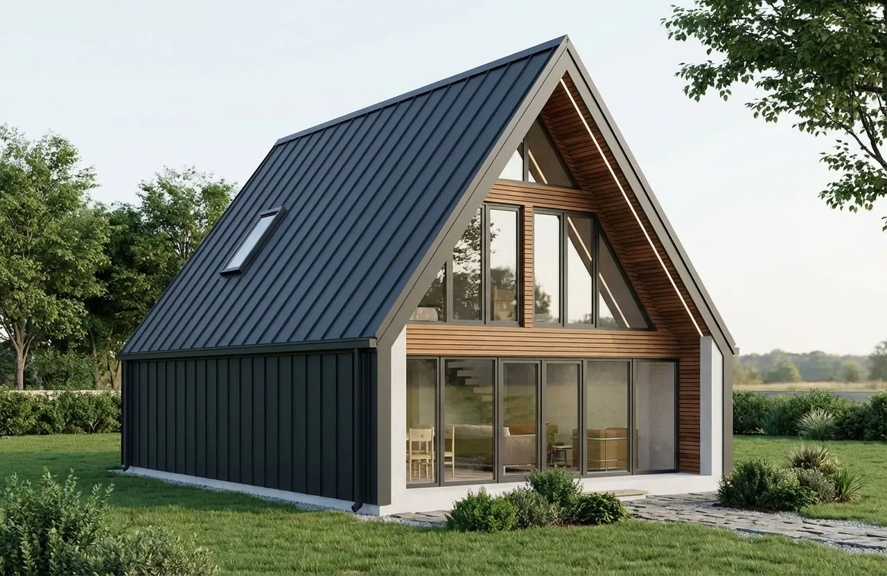 Prism rendering: modern A-frame cabin with a dark standing-seam metal roof, timber-clad gable and full-height glazing
