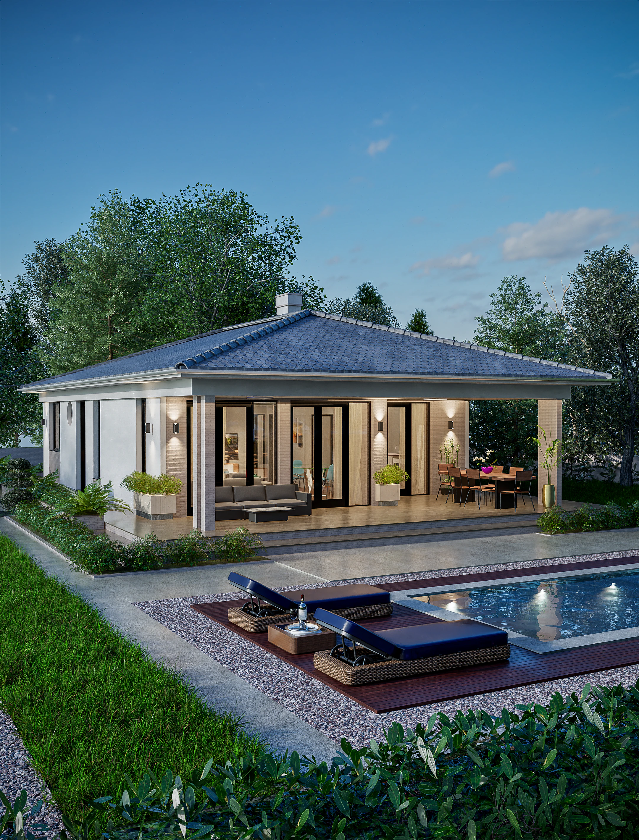 Serena rendering: single-story house at dusk — a hipped tile roof sheltering a deep covered terrace with lounge and dining areas, facing a swimming pool and timber sun deck