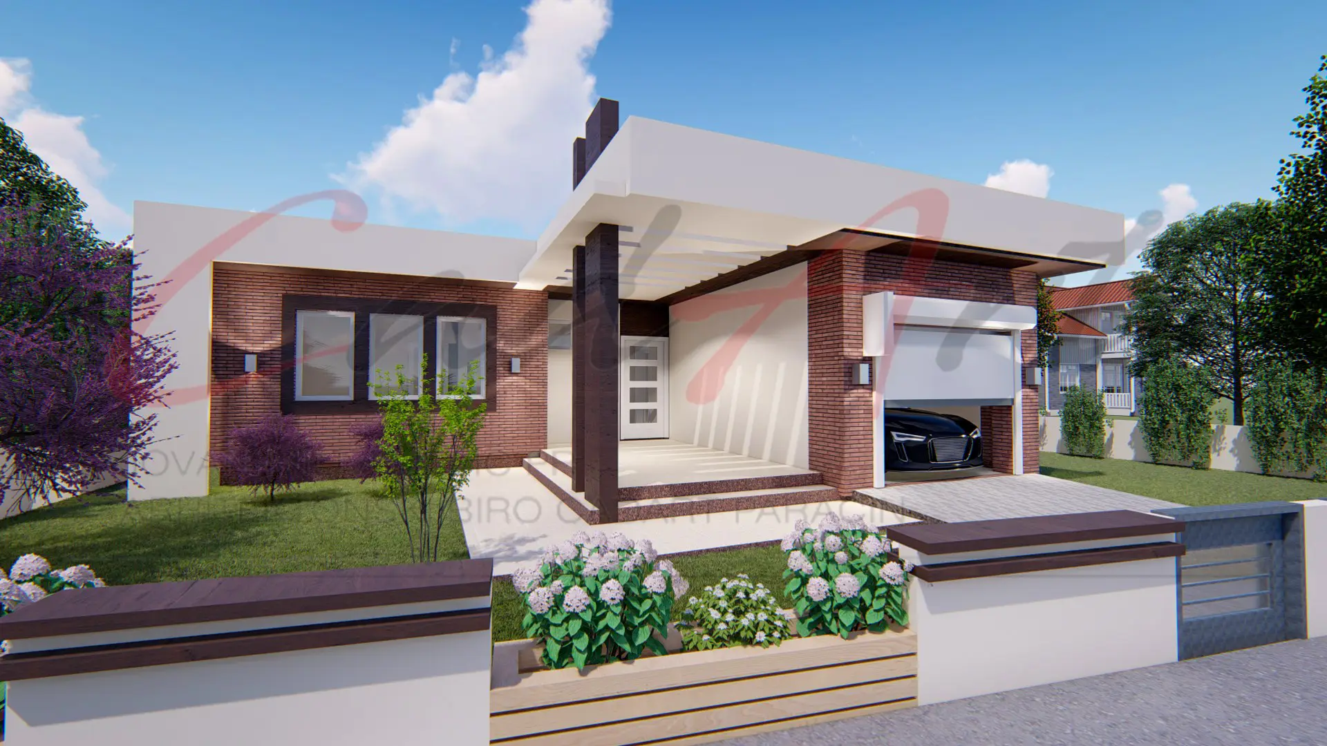 Strata rendering: single-story house with a flat roof — red-brown brick and white render, a timber-post entrance canopy and an integrated garage behind a low front garden wall; CAD ART studio letterhead as a faint watermark across the image.