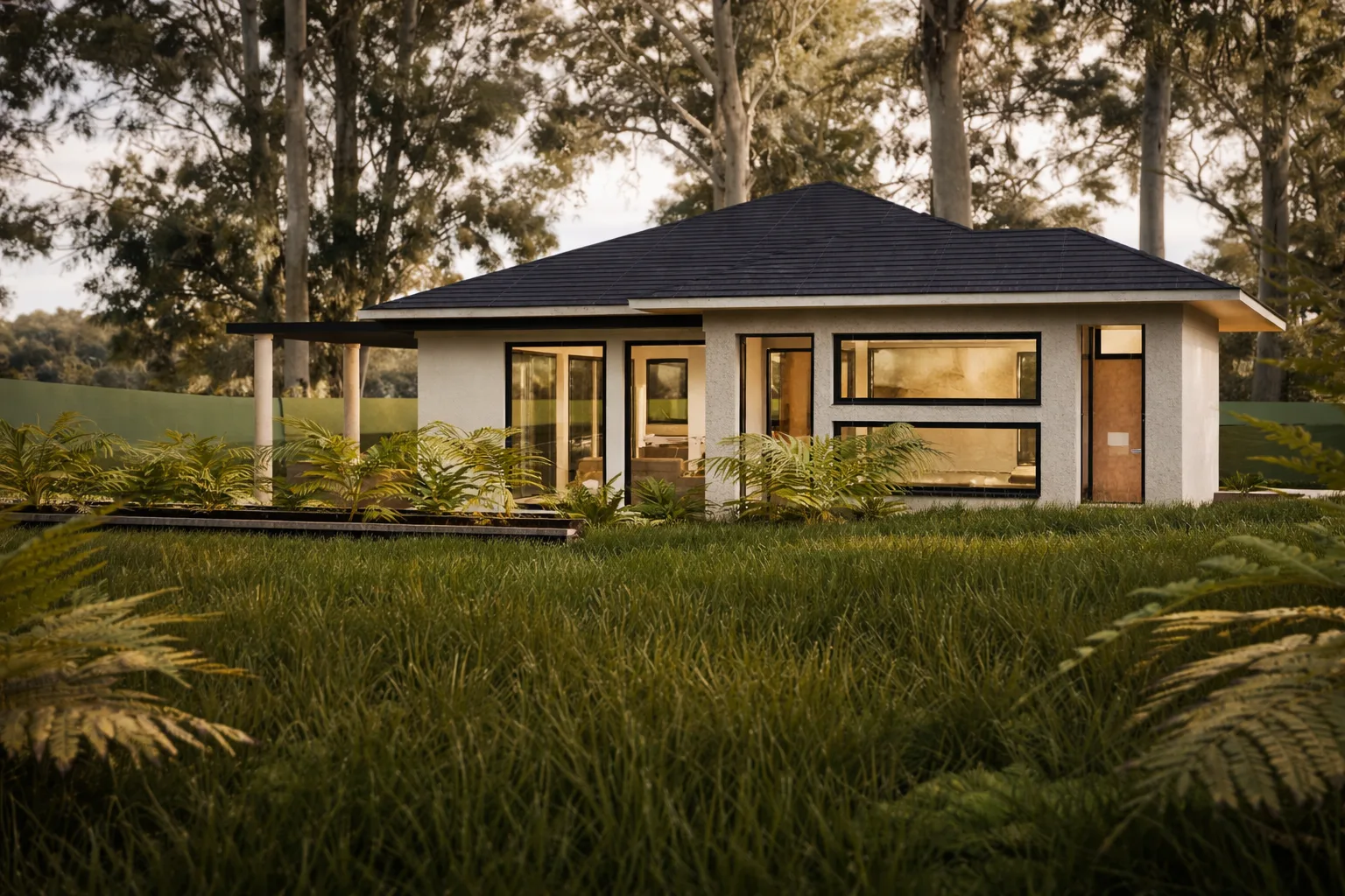 Sylvan rendering: single-story hip-roof house with black-framed windows and a covered terrace, set in a meadow beneath tall trees