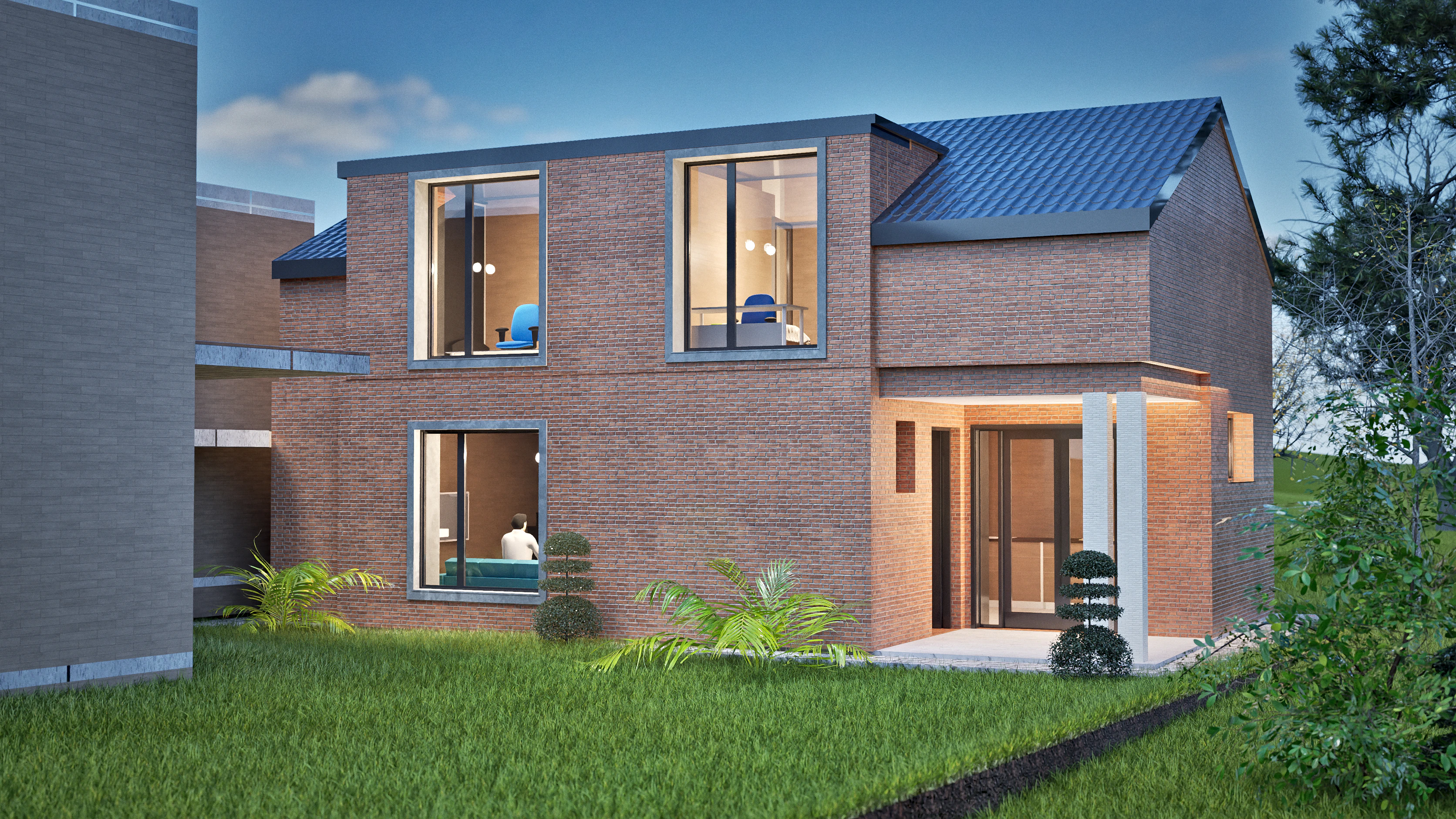 Terracotta rendering: house at dusk — modern face-brick home with a dark pitched roof, large square windows and a lit covered porch