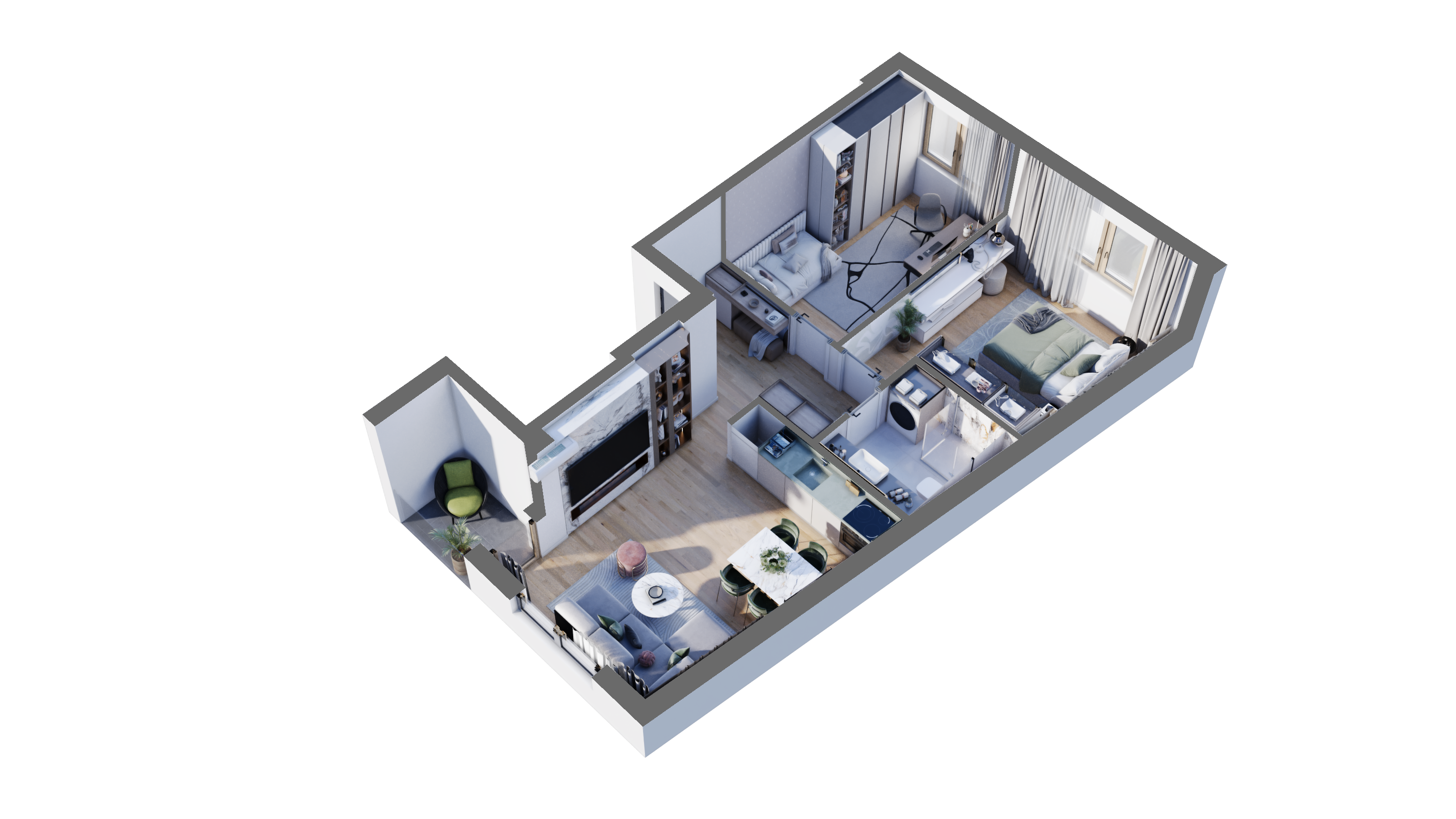The Elegance apartment as a furnished 3D floor plan, cut away to show every room