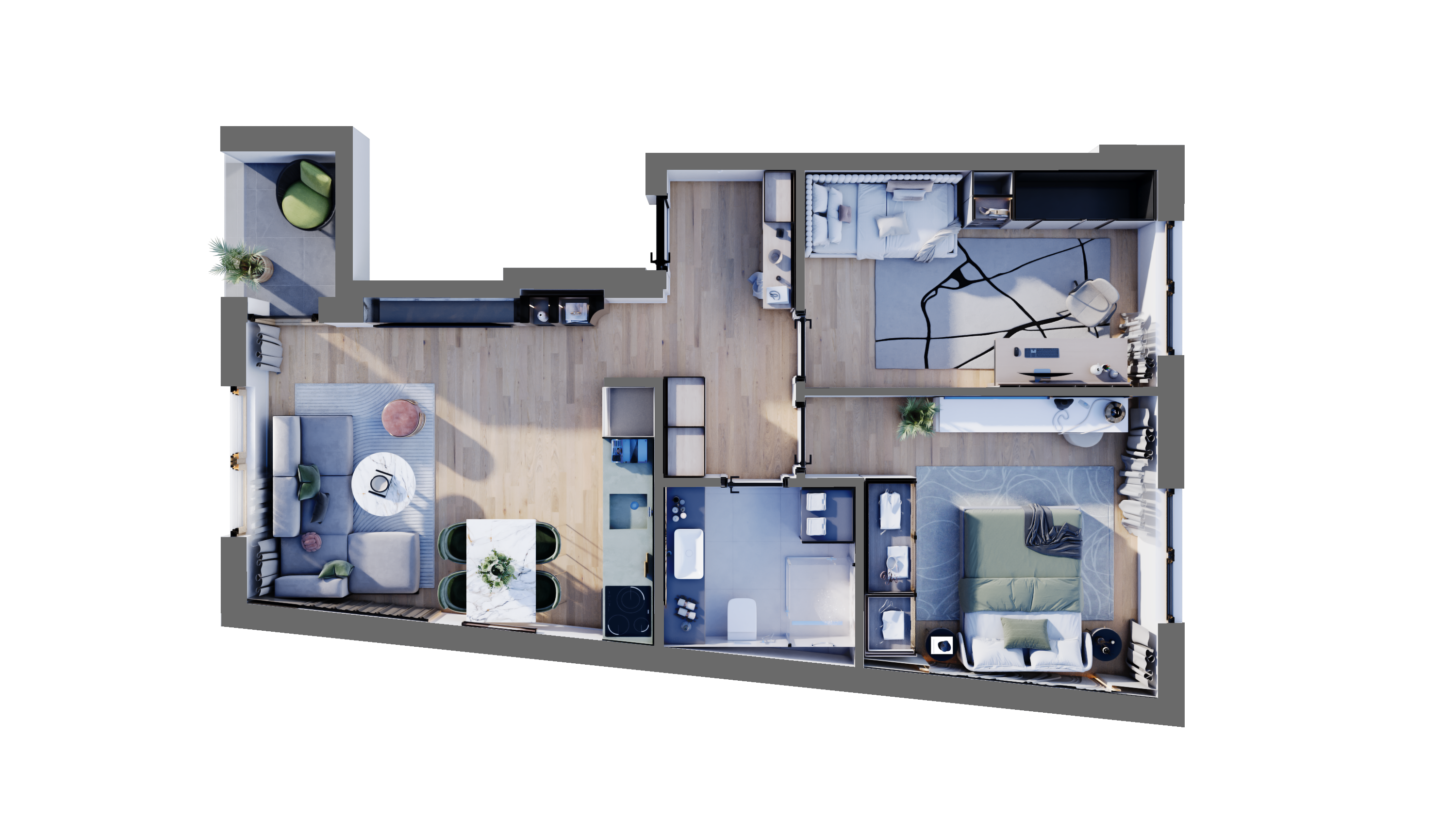 Floor plan of the Elegance apartment, rendered from above with furniture in every room