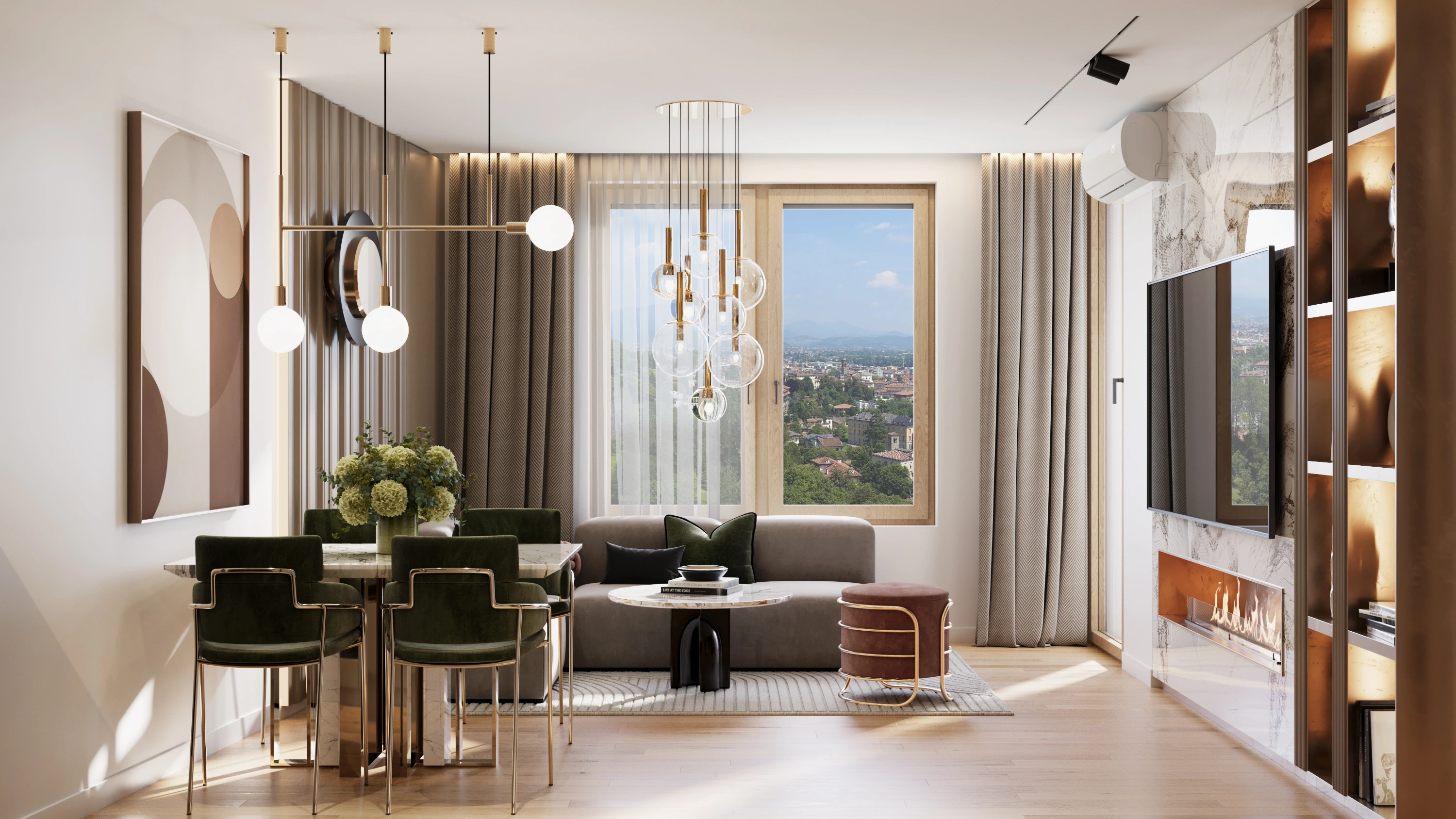 Living room of the Elegance apartment: green velvet dining chairs, a glass globe chandelier and a marble fireplace wall