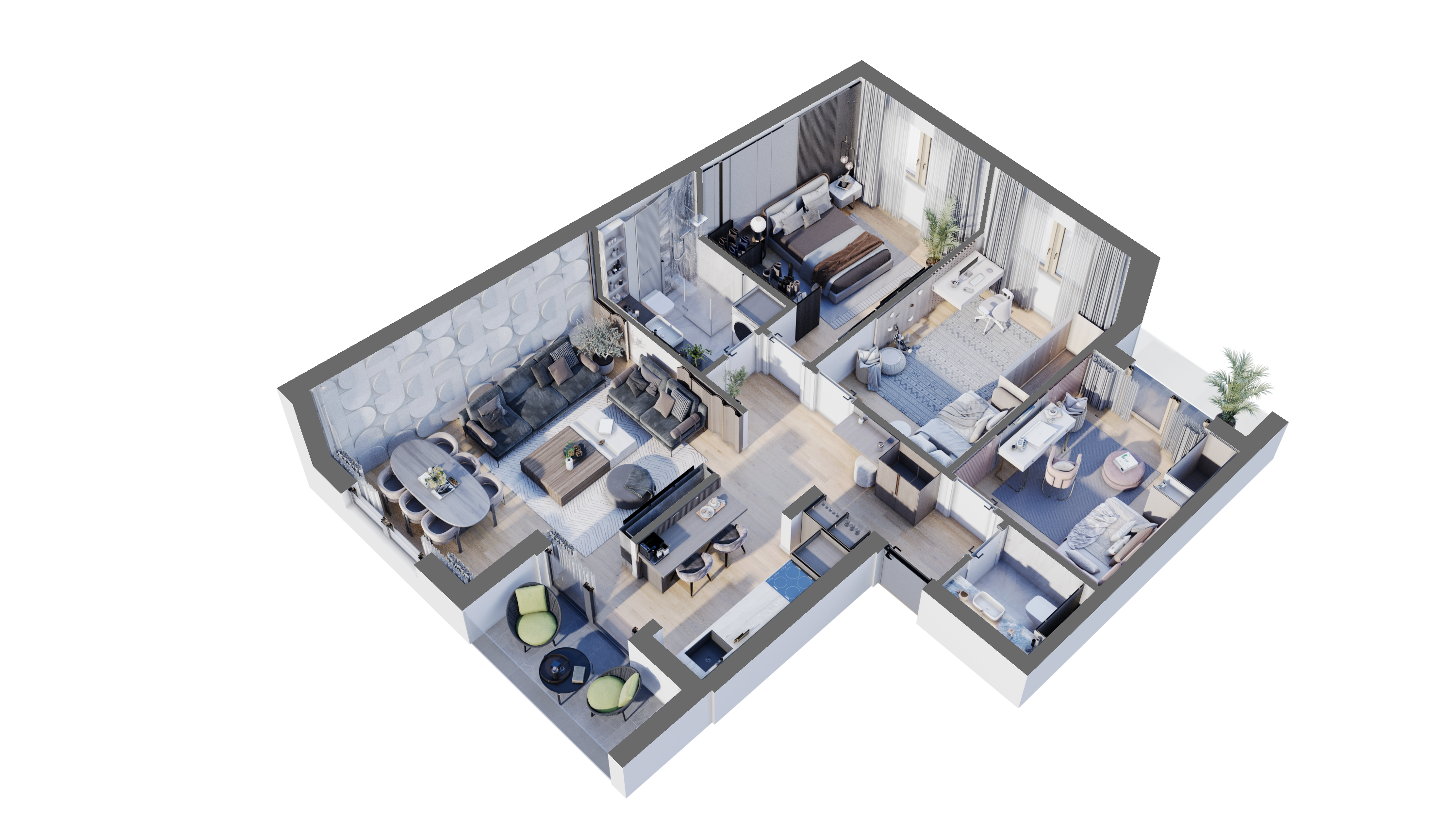 The Open plan apartment as a furnished 3D floor plan, cut away to show every room