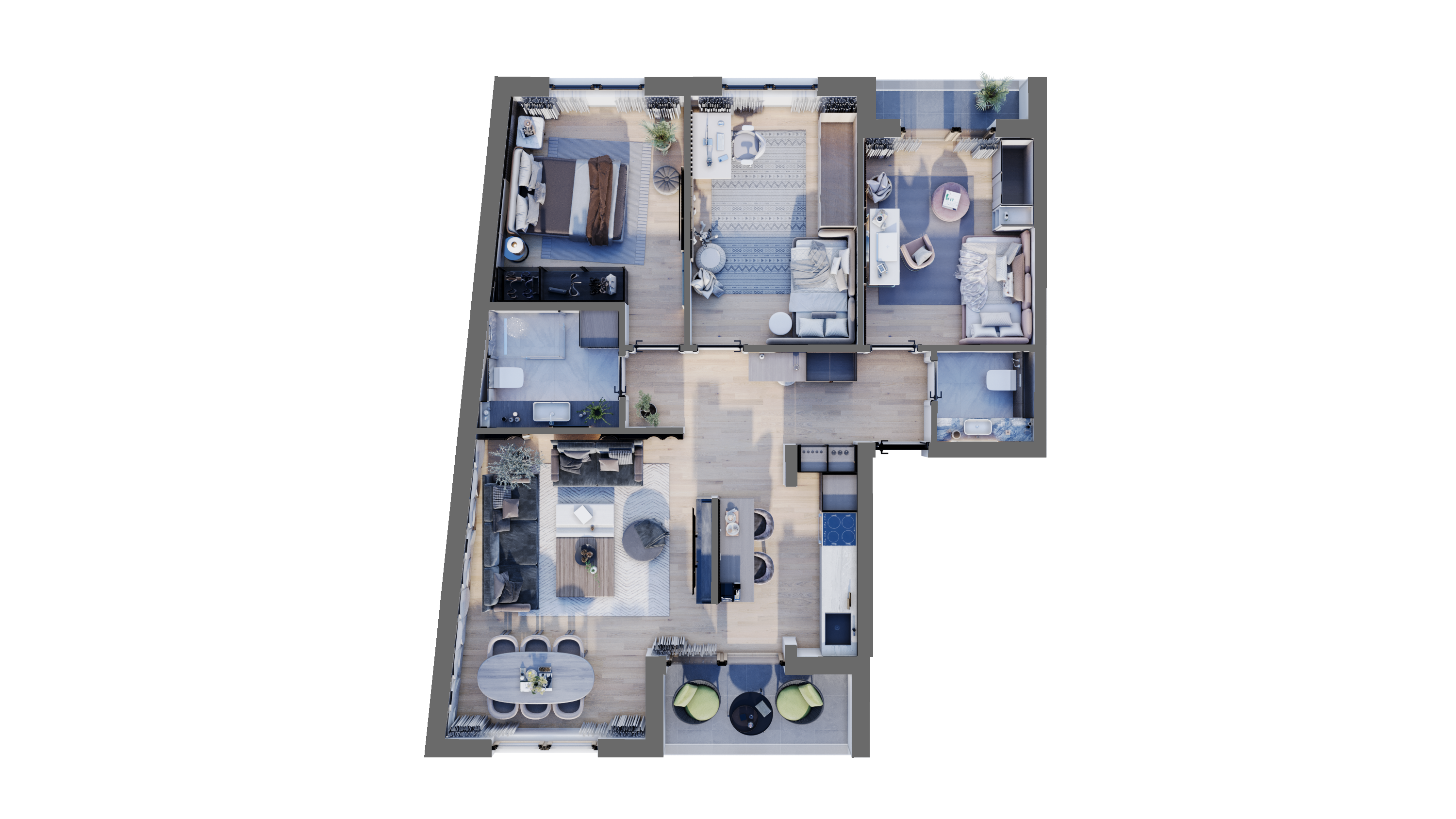 Floor plan of the Open plan apartment, rendered from above with furniture in every room
