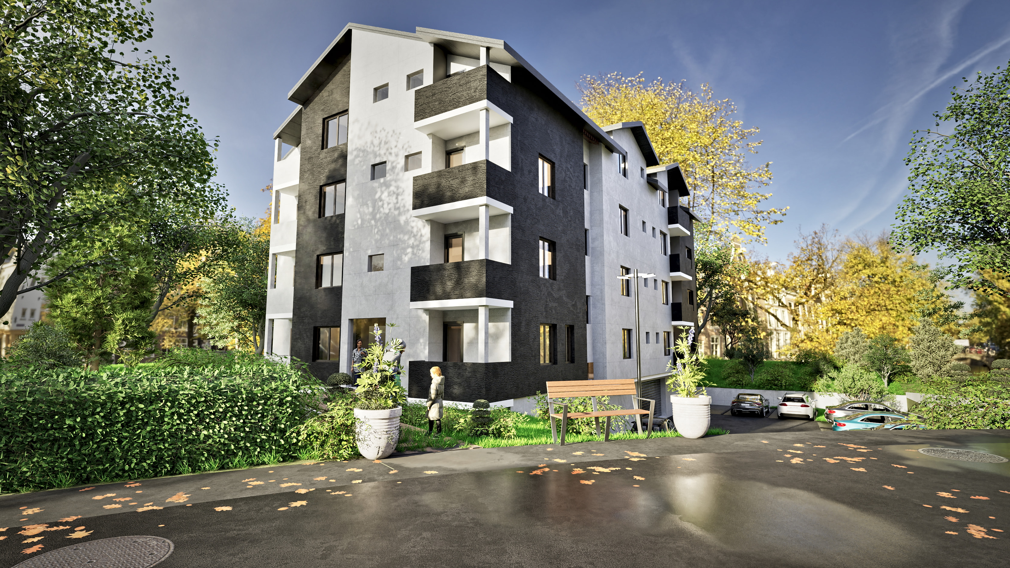 Rendering of the design for a 20-apartment building in Sokobanja, Serbia: corner view from the street.