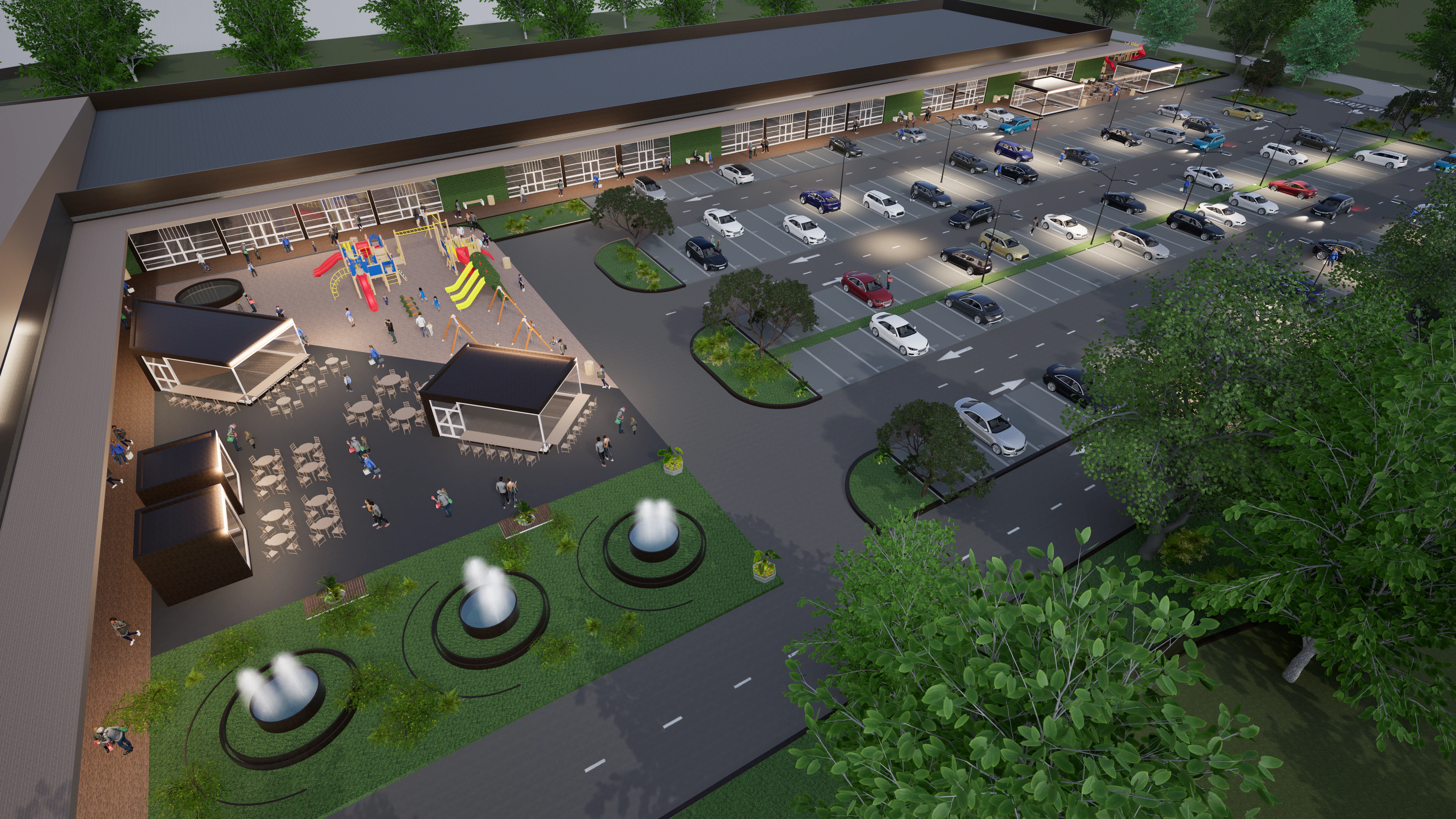 Rendering of the design for a single-level retail center in Ćuprija, Serbia: aerial view of the plaza at dusk.