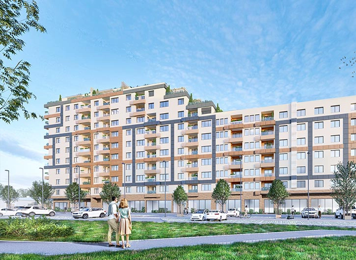 Rendering of the design for a residential complex of 12 buildings in Kragujevac, Serbia: the street front, with glazed commercial space on the ground floor.